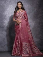 Dusty Pink Pattern Linen SIlk Digital Print Saree